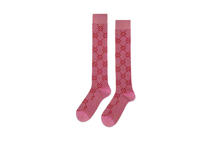(Women) GUCCI Double G Logo Pink Knit High Socks Single Pair 476525-3G199-5872