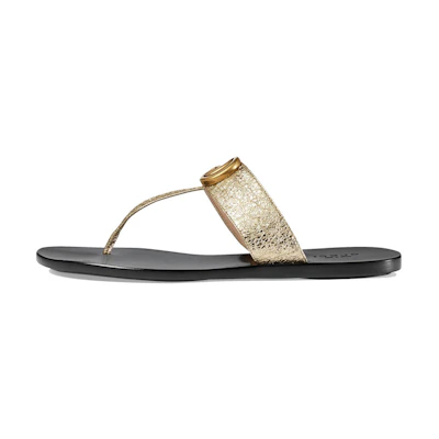 (W) Gucci Double g Metallic Leather Gold Color Slippers