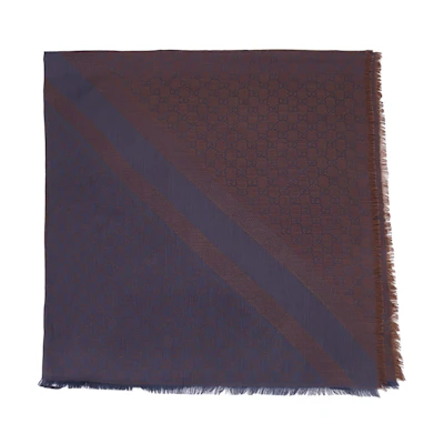 (Women) GUCCI Double G Pattern Scarf Wool Short Fringe Grey Blue Scarf 281942-3G704-2869