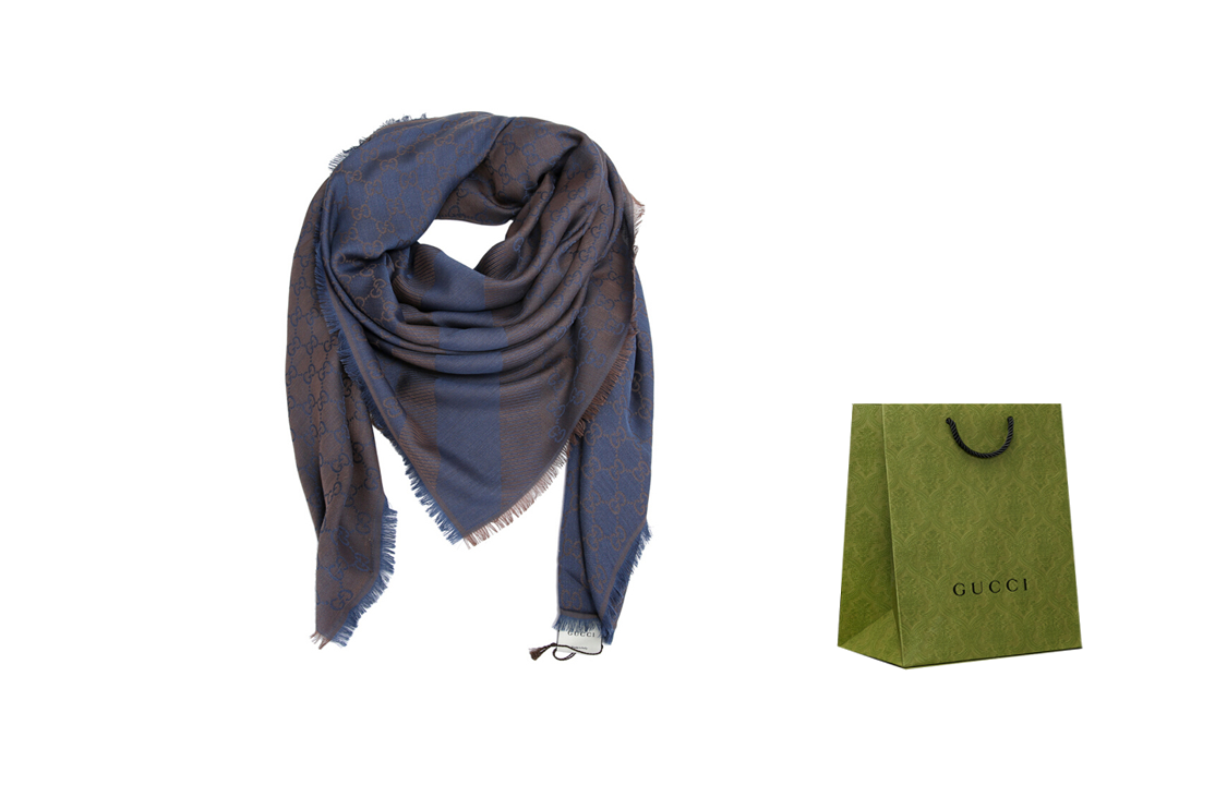 (Women) GUCCI Double G Pattern Scarf Wool Short Fringe Grey Blue Scarf 281942-3G704-2869 圖 5