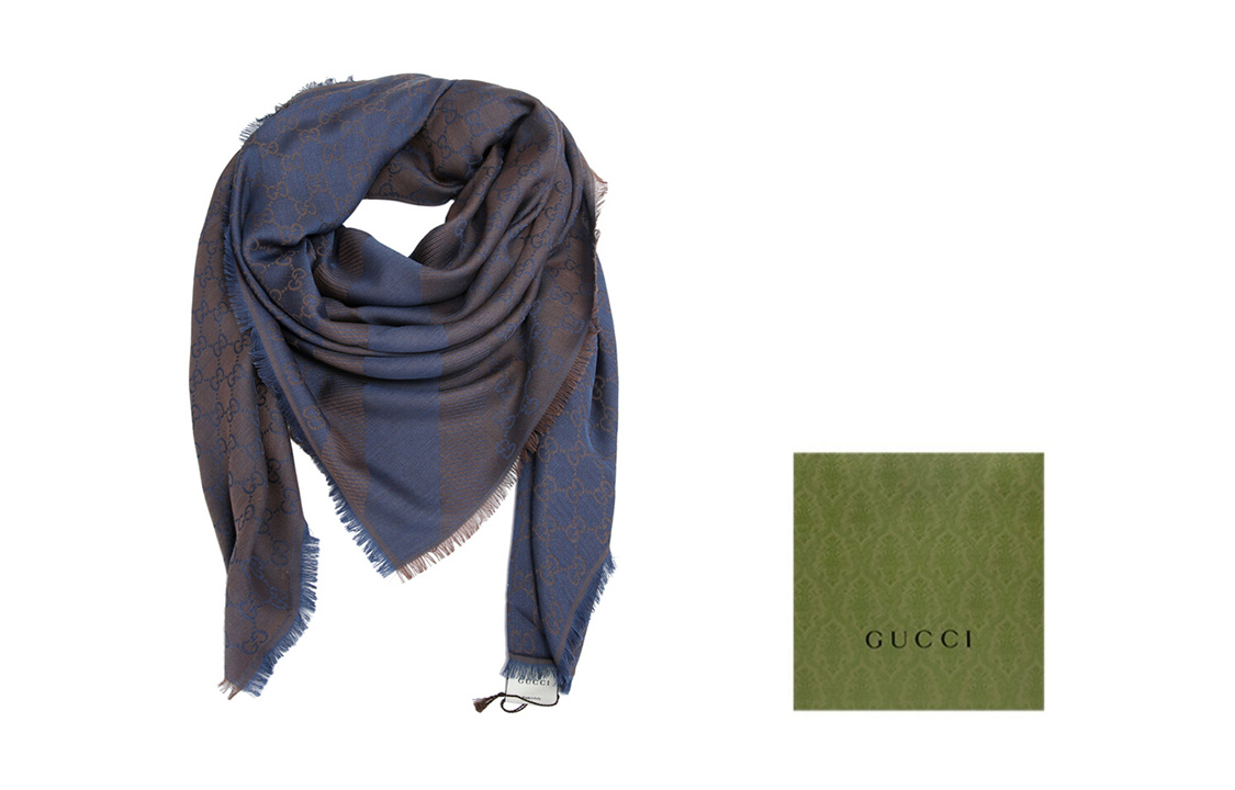 (Women) GUCCI Double G Pattern Scarf Wool Short Fringe Grey Blue Scarf 281942-3G704-2869 圖 7