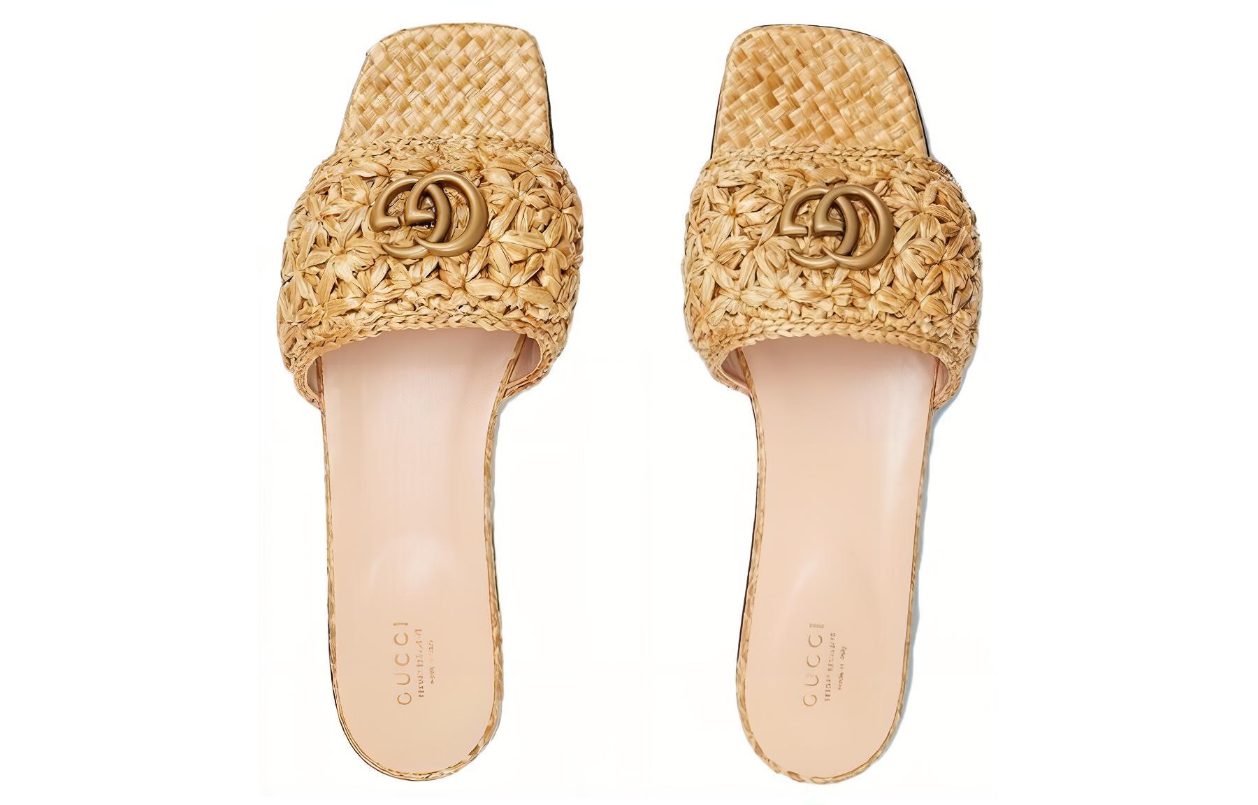 Shop (W) Gucci Double G Slide Sandal Anyaman Raffia 703626-U4H00-9800