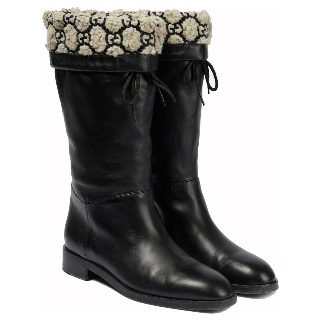 Shop (W) But Hitam Beige Lutut Tinggi Gucci dengan Tali Kustik 719823-AAA5Q-1078