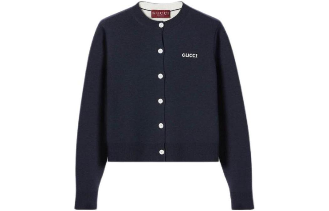 (Women) Gucci Embroidered Logo Crewneck Knit Sweater Navy Blue 789673-XKD3P-4012