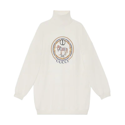 (Women) Gucci Embroidered Logo High Collar White Jersey Sweatshirt 760367-XJGDM-9088