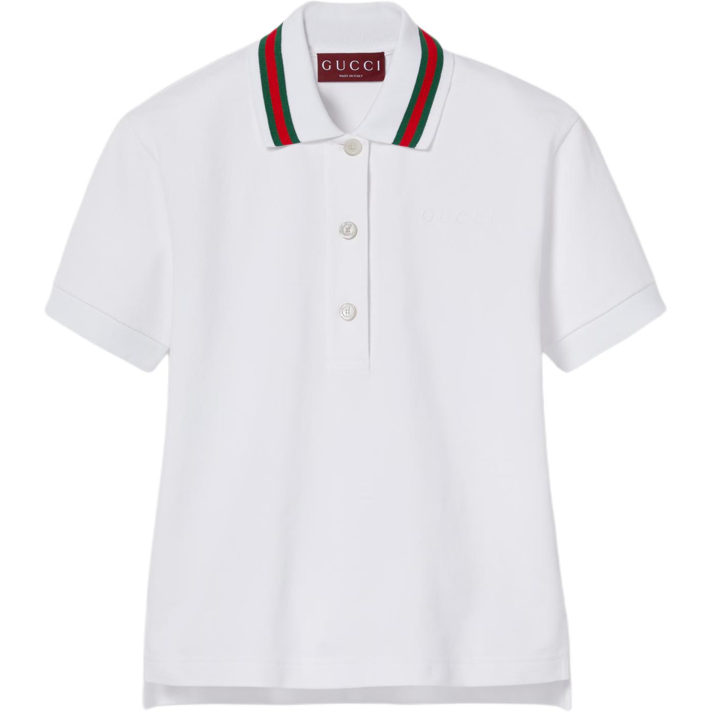 (Women) Gucci Embroidered Striped Button Polo Shirt Women White 789266-XJGLZ-9908