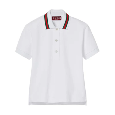 (Women) Gucci Embroidered Striped Button Polo Shirt Women White 789266-XJGLZ-9908