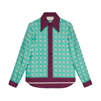 (Women) Gucci Epilogue Series Interlocking G Silk Sunblock Shirt Light Blue 652649-ZAGL3-4559