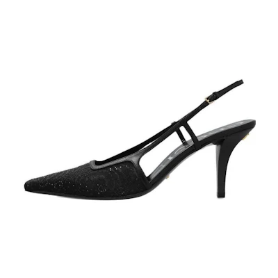 (W) Gucci GG Slingback 75mm Pump Black Moire Fabric GG Crytsal Applique