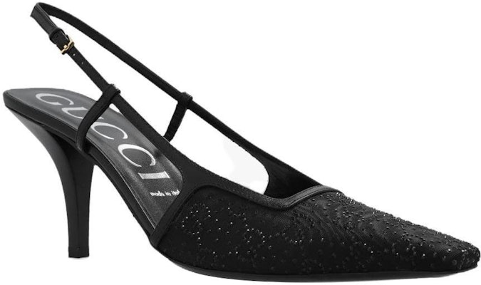 (Women) Gucci GG Slingback 75mm Pump Black Moire Fabric GG Crytsal Applique 727184-9W840-1000 Lookbook (Women) Gucci GG Slingback 75mm Pump Black Moire Fabric GG Crytsal Applique 727184-9W840-1000