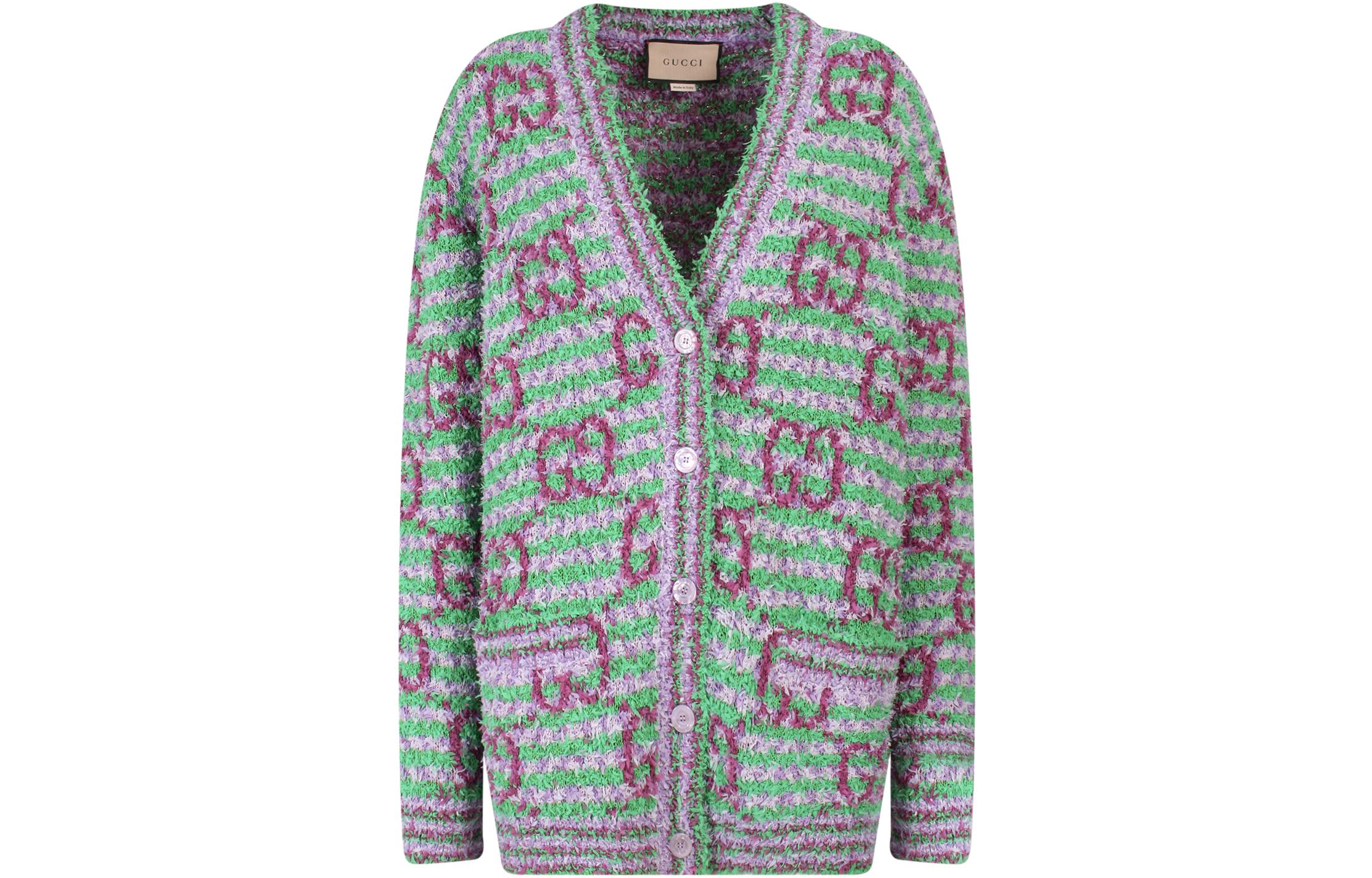 Buy (W) 구찌 2022 가을 브이넥 스트라이프 니트 스웨터 그린 692416-XKCAL-3579