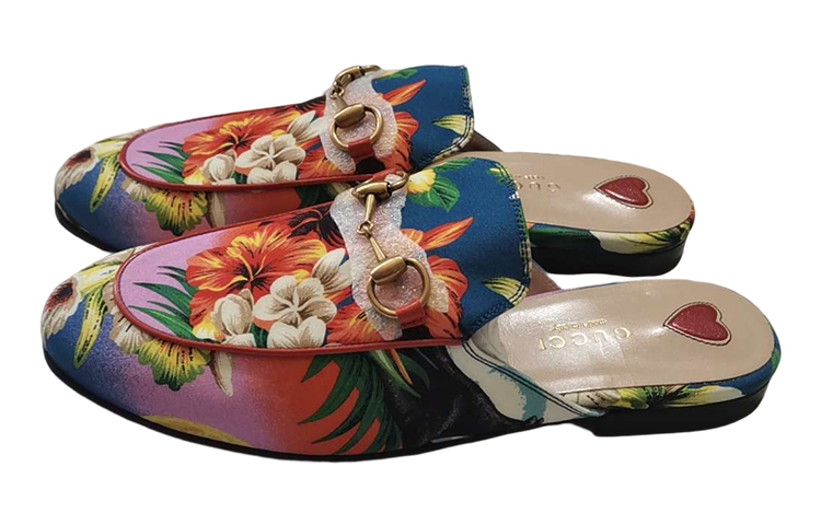 (W) Gucci Flat Round Toe Slide 'Blue Orange Print'