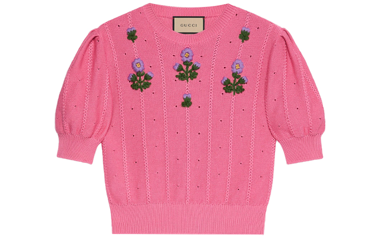 (Women) Gucci Floral Embroidered Crew Neck Knit Tee for Women Pink 662166-XKBYG-5324