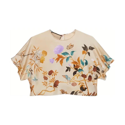(Women) Gucci Floral Print Crew Neck Casual T-Shirt Khaki ( SS23) 756587-ZAOFB-9086