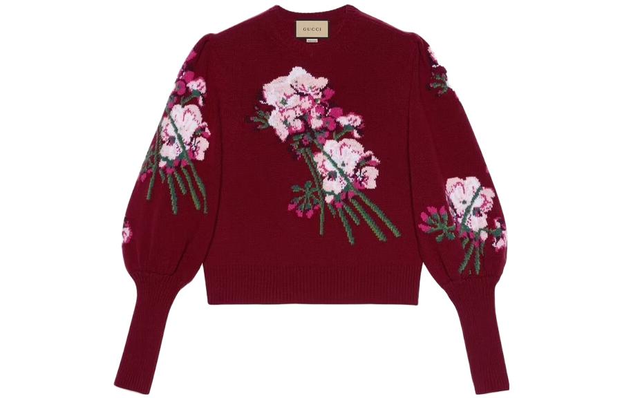 (Women) Gucci Floral Print Crewneck Sweater FW23 in Dark Red 664326-X1274-6412