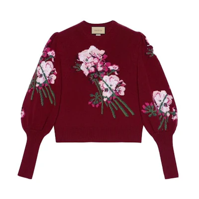 (Women) Gucci Floral Print Crewneck Sweater FW23 in Dark Red 664326-X1274-6412