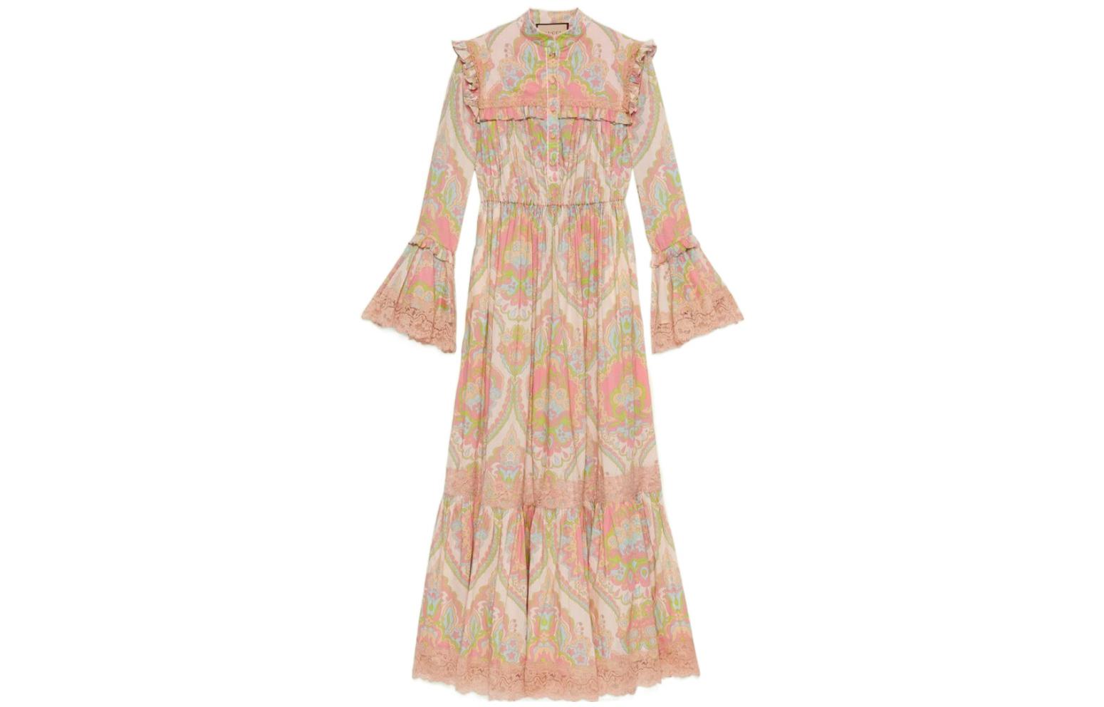 (Women) Gucci Floral Print Long-Sleeve Dress Pink 704251-ZAJAB-5713