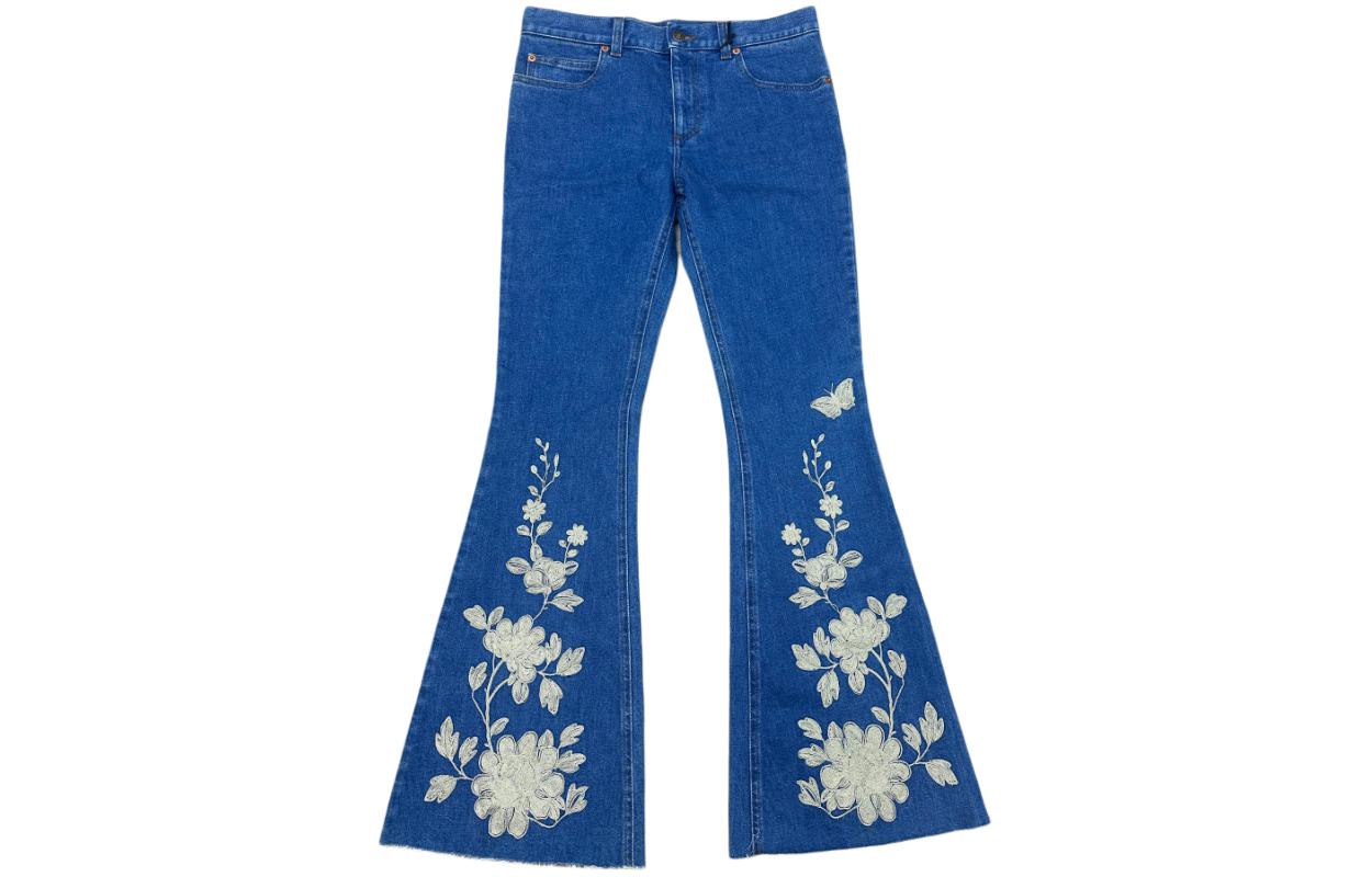 Buy (Women) Gucci Floral Print Mid-Rise Flare Jeans Blue 481450-XR722-4921