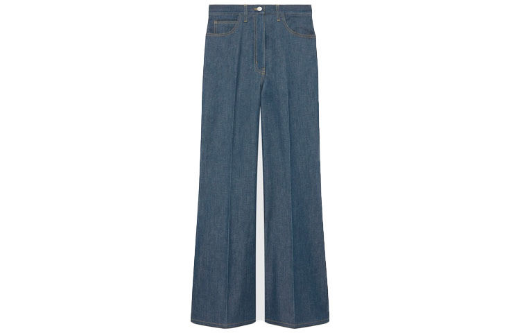 (Women) Gucci FW21 100 Special Blue Solid Color Denim Flare Pants 677255-XDBUT-4759