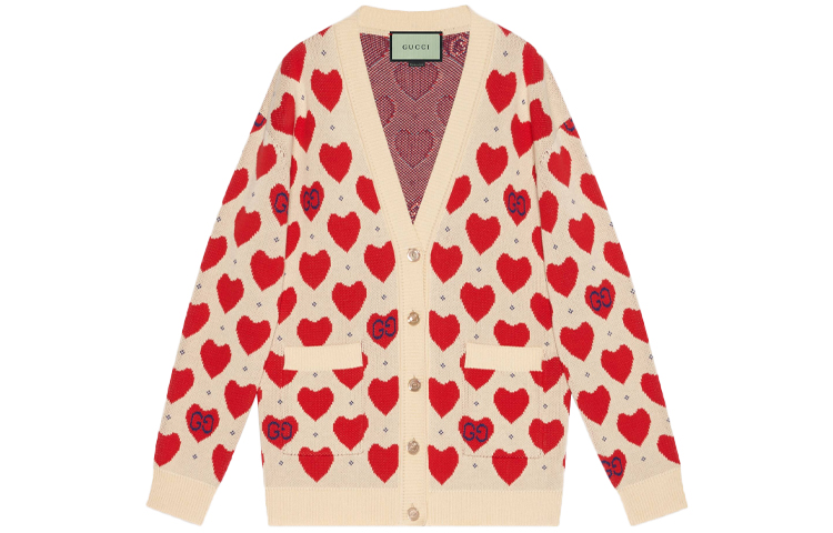 (Women) Gucci FW21 Beige Cardigan Sweater with Heart Pattern V-Neck 665119-XKBYX-9750