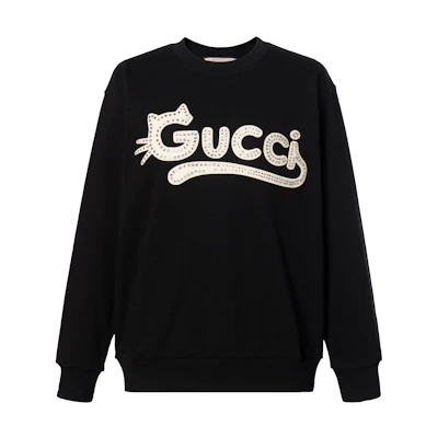 (Women) Gucci FW21 Black Crewneck Sweatshirt with Cat Logo 617964-XJDDK-1289