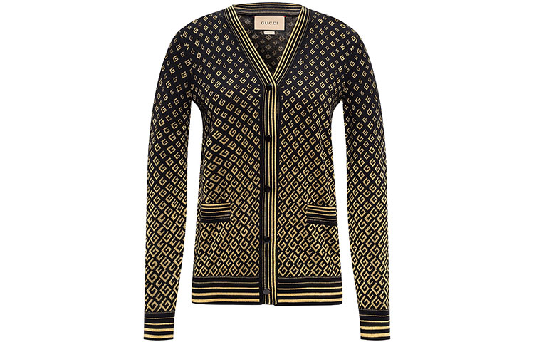 (Women) Gucci FW21 Black V-Neck Wool Cardigan with Gold GG Jacquard for Women 650375-XKBOG-1815