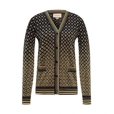 (Women) Gucci FW21 Black V-Neck Wool Cardigan with Gold GG Jacquard for Women 650375-XKBOG-1815