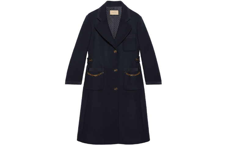(Women) Gucci FW21 Blue Wool-Blend Double G Chain Mid-Length Coat 669525-Z8ARD-4433