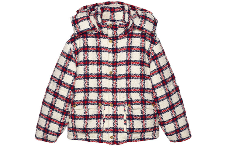 (Women) Gucci FW21 Detachable Hood Single Breasted Check Tweed White Jacket 663281-ZAGLK-9692