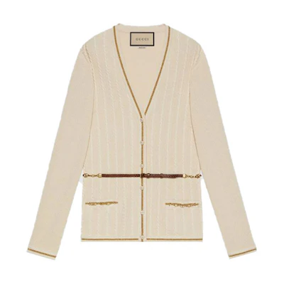 (Women) Gucci FW21 Double G V-Neck Cardigan Sweater Women Ivory White 653329-XKBVO-9098