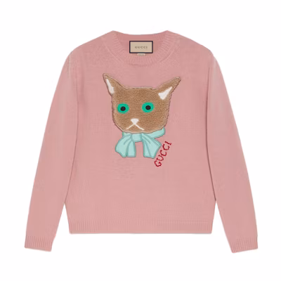 (Women) Gucci FW21 Endless Overture Cat Cartoon Wool Sweater Pink 662173-XKBYI-6183
