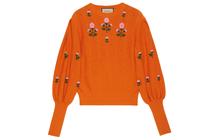 Buy (W) 古驰2021秋冬款花卉刺绣橙色羊驼毛毛衣 653328-XKBS9-7733