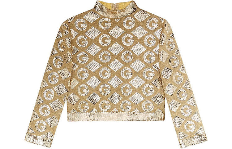 (Women) Gucci FW21 Gold Lame Diamond Jacquard Cropped Long Sleeve Top 649936-XKBRJ-7284