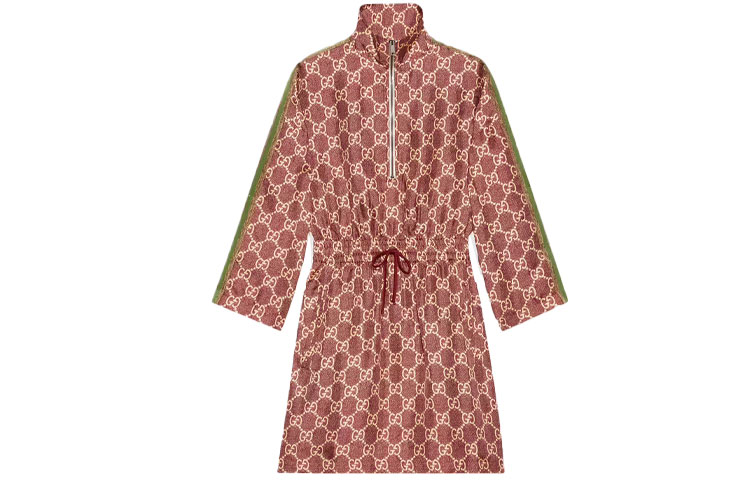 (Women) Gucci FW21 Pink GG Supreme Silk Long Sleeve Dress 628781-XJCL5-5281