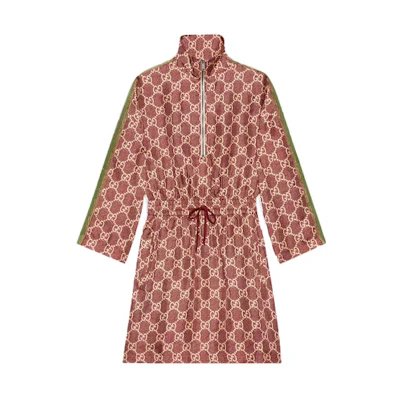 (Women) Gucci FW21 Pink GG Supreme Silk Long Sleeve Dress 628781-XJCL5-5281