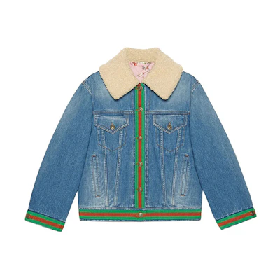 (Women) Gucci FW21 Vintage Striped Denim Jacket with Fur Collar Light Blue 527346-XRB38-4230