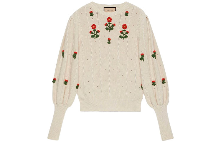 (Women) Gucci FW21 White Floral Embroidery Crewneck Knit Sweater 653328-XKBS9-9783