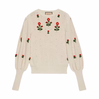 (Women) Gucci FW21 White Floral Embroidery Crewneck Knit Sweater 653328-XKBS9-9783