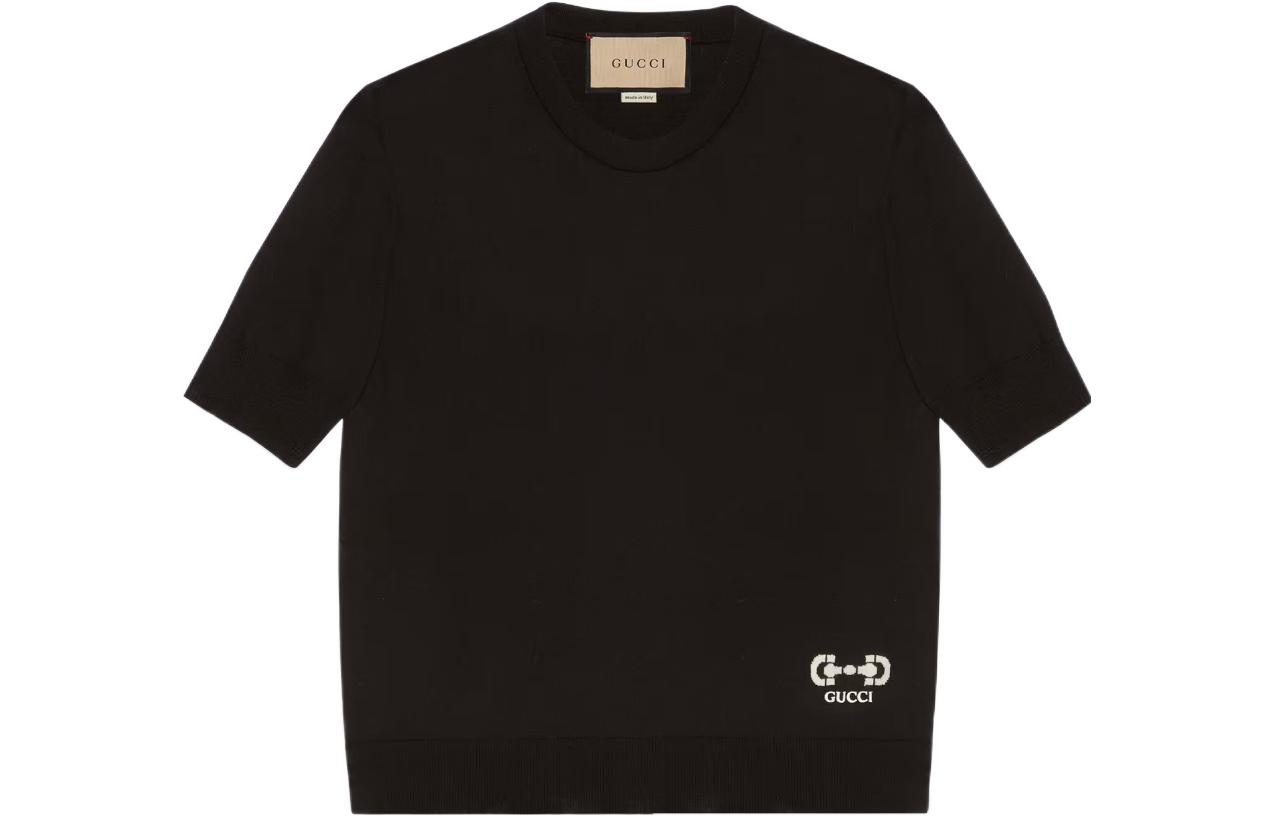 (Women) GUCCI FW22  Black Knit Short Sleeve Crewneck Letter Print Top. 731061-XKCZ3-1043