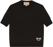 (Women) GUCCI FW22 Black Knit Short Sleeve Crewneck Letter Print Top. 731061-XKCZ3-1043 (Women) GUCCI FW22 Black Knit Short Sleeve Crewneck Letter Print Top. 731061-XKCZ3-1043
