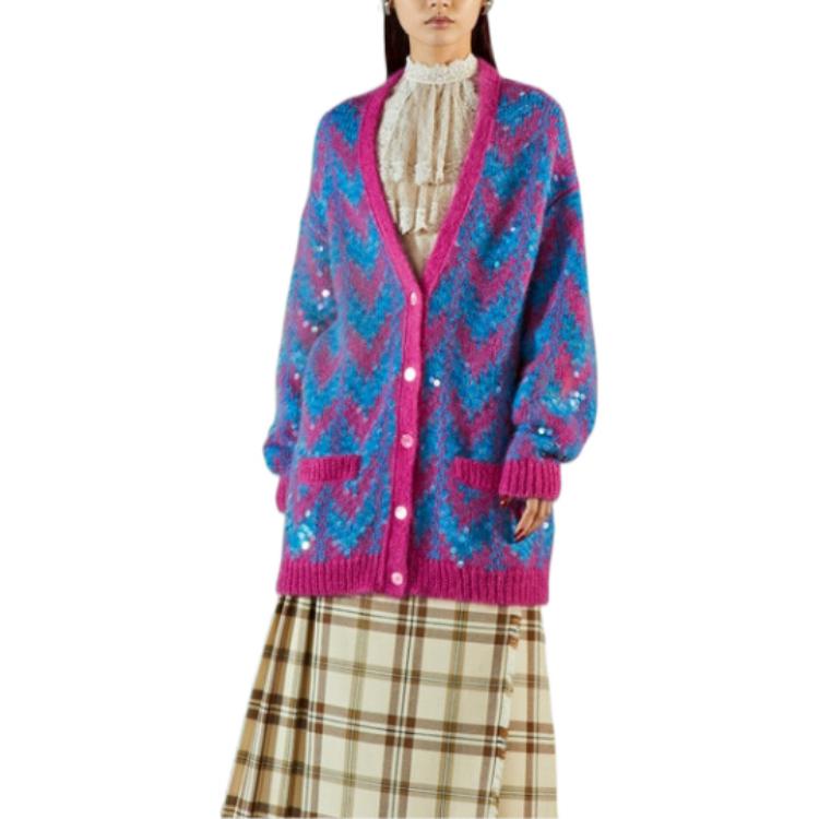 Shop (Women) GUCCI FW22  Blue Knit Sweater with Colorblock Sequins and Pocket Design 713232-XKCMS-4459