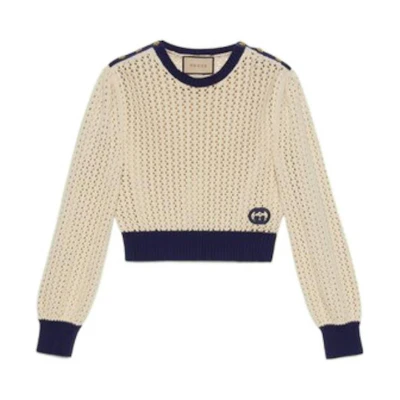 (Women) GUCCI FW22 Ivory White Logo Embroidered Crewneck Sweatshirt. 691593-XKCAM-9217