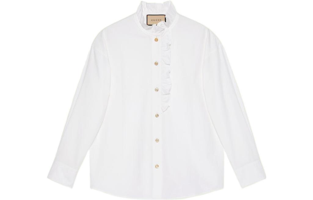 (Women) GUCCI FW22  White Long Sleeve Ruffle Button-Up Sun Protection Shirt 690723-ZLC02-9000