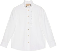 (Women) GUCCI FW22 White Long Sleeve Ruffle Button-Up Sun Protection Shirt 690723-ZLC02-9000 (Women) GUCCI FW22 White Long Sleeve Ruffle Button-Up Sun Protection Shirt 690723-ZLC02-9000