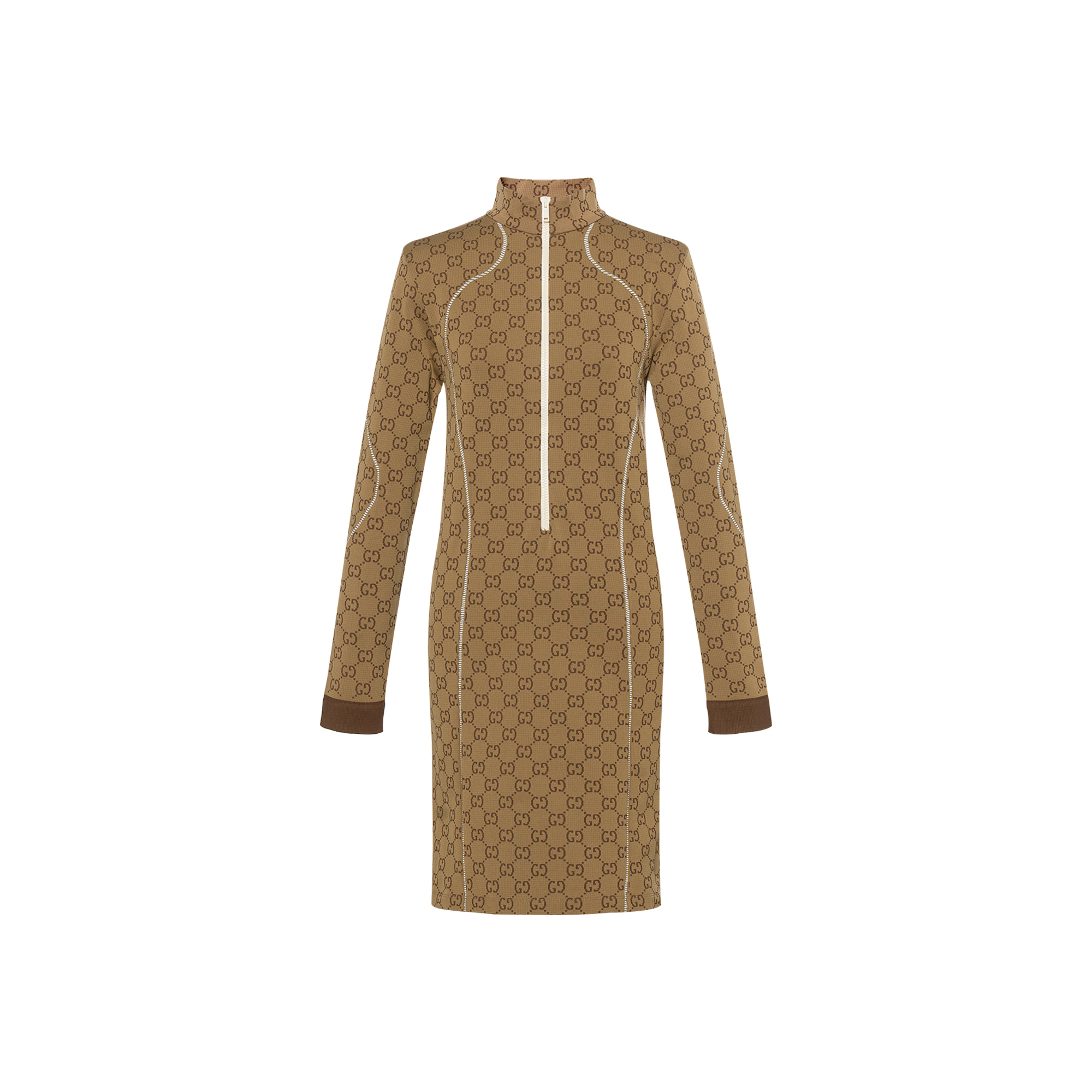 (Women) Gucci FW22 Beige GG Monogram Knit High-Neck Dress 715525-XJETY-9742