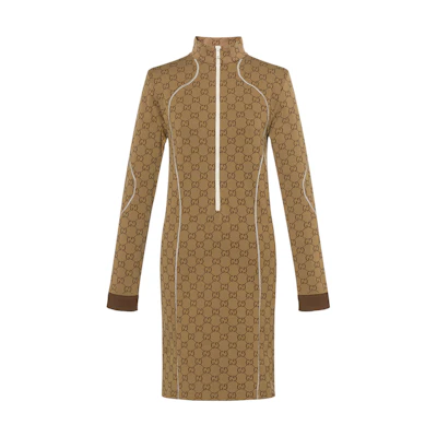 (Women) Gucci FW22 Beige GG Monogram Knit High-Neck Dress 715525-XJETY-9742