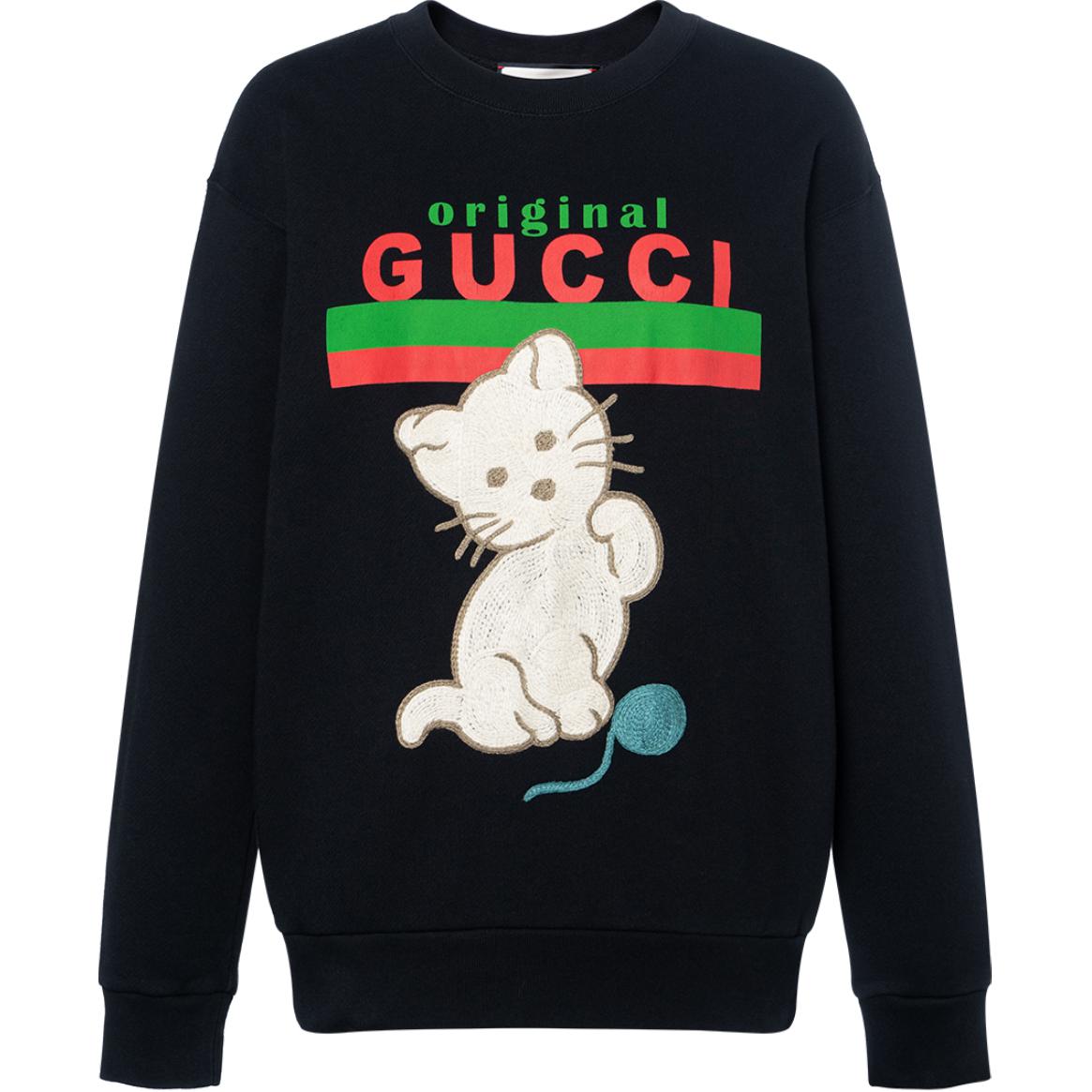 (Women) Gucci FW22 Black Crewneck Sweatshirt with Logo Cat Print 617964-XJCRU-1082