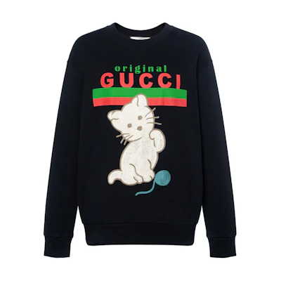 (Women) Gucci FW22 Black Crewneck Sweatshirt with Logo Cat Print 617964-XJCRU-1082