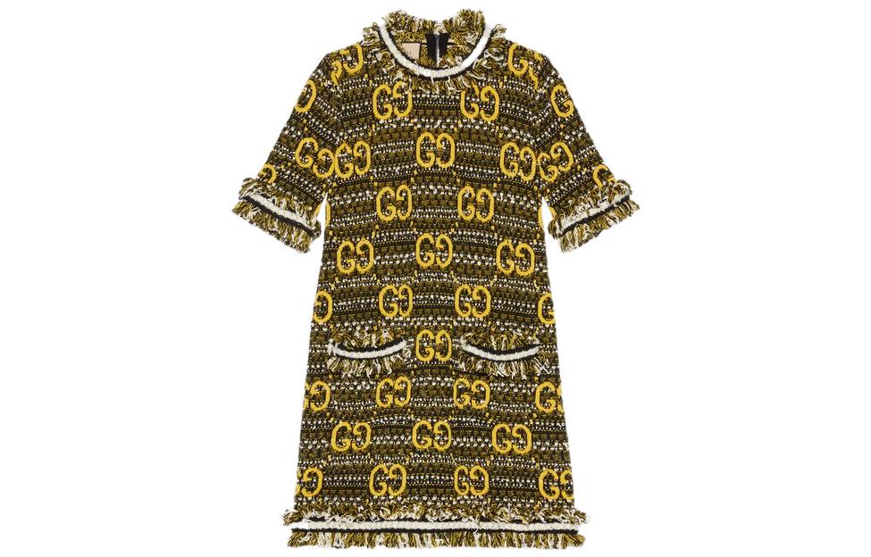 (Women) Gucci FW22 Black Logo Print Fringe Short Sleeve Dress 721151-XKCQX-1127