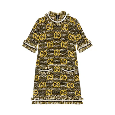 (Women) Gucci FW22 Black Logo Print Fringe Short Sleeve Dress 721151-XKCQX-1127